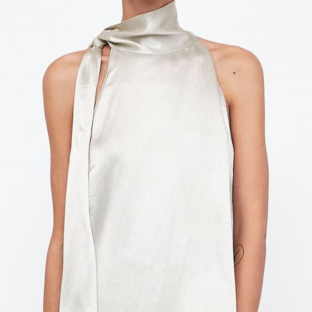 Zara Silver Top with Tied Bow Asymmetric Halter L